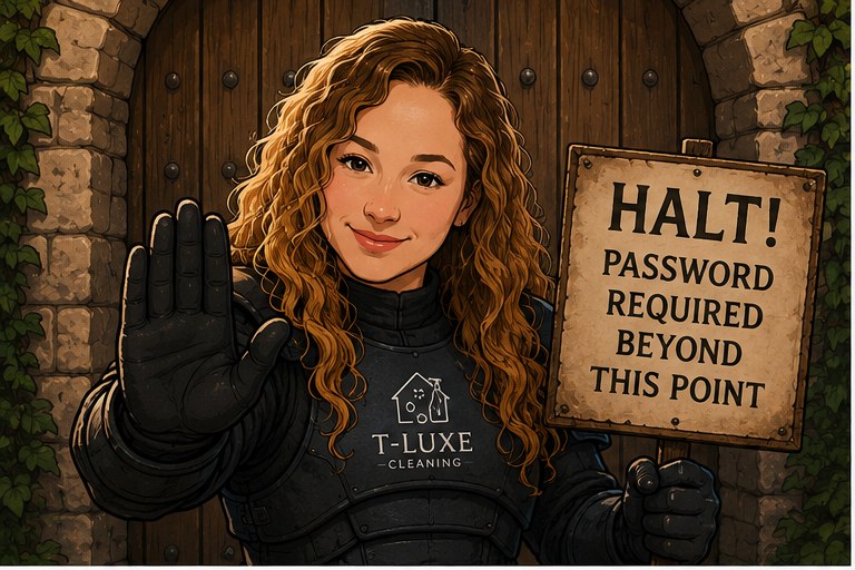 A curly-haired guard in armour holding a sign reading 'HALT! Password required beyond this point'.