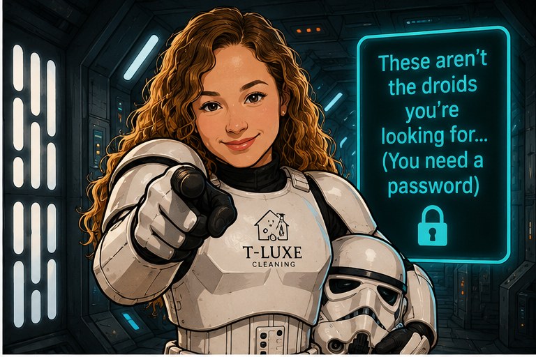 A guard in stormtrooper armour: 'These aren't the droids you're looking for... you need a password'.